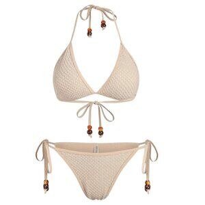 🆕Medium Boho Cream Bikini Set – Textured Beaded Tie Back Halter Cheeky NWT